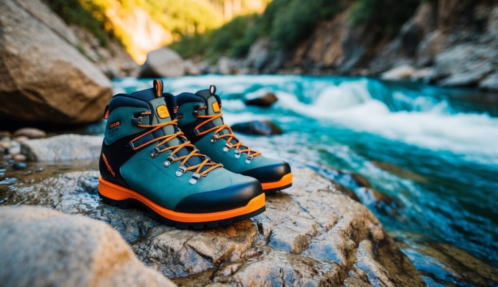 Une paire de chaussures de canyoning robustes sur un terrain rocheux près d'une rivière rapide