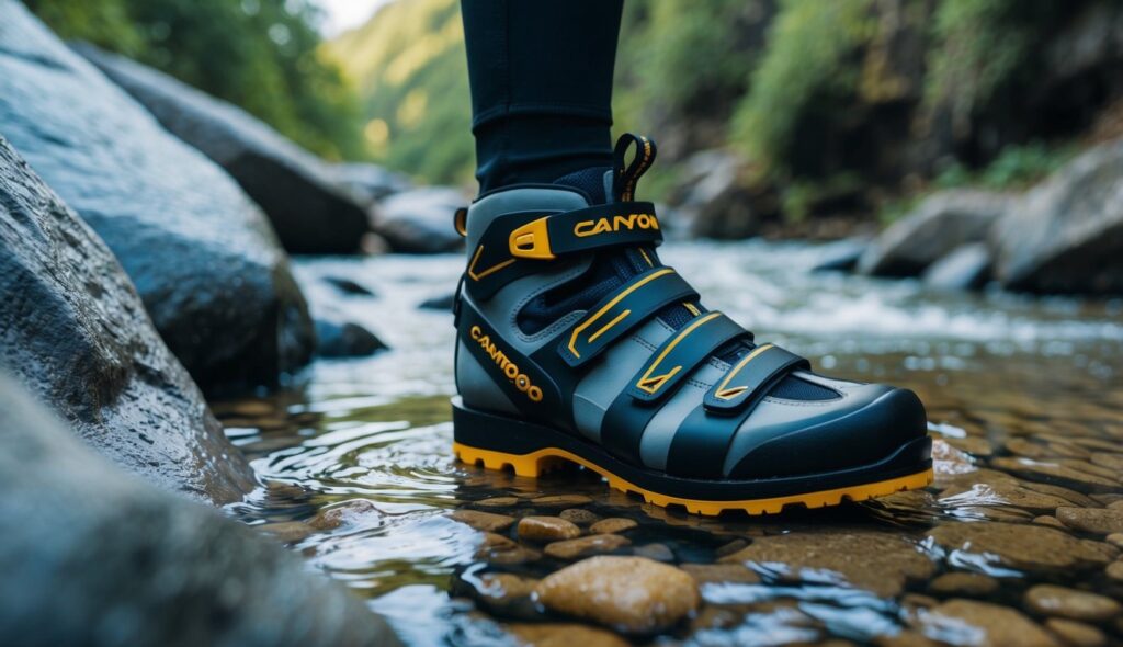 Une chaussure de canyoning robuste et imperméable avec une bonne adhérence sur les rochers mouillés et des sangles réglables pour un ajustement sécurisé.