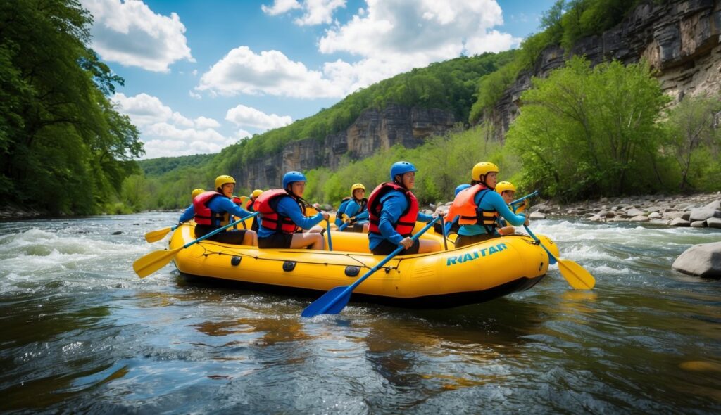 Un groupe de personnes portant des casques et des gilets de sauvetage se prépare à faire du rafting sur une rivière sauvage, entourée d'arbres verts luxuriants et de falaises rocheuses.