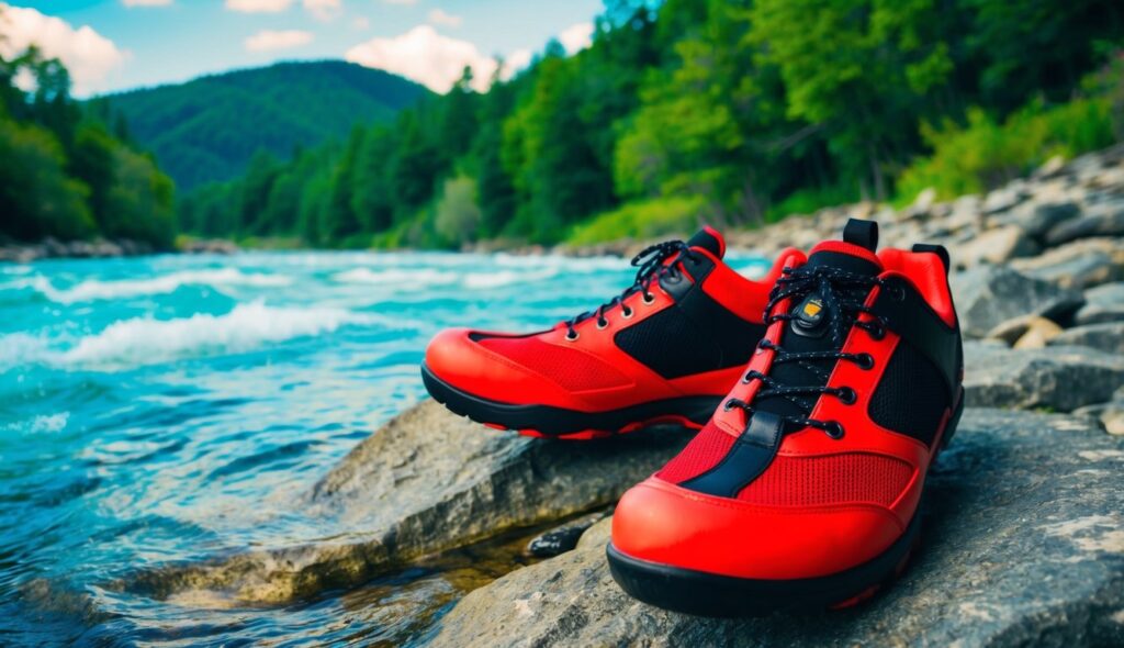 Une paire de chaussures de rafting rouge vif et noires reposant sur une rive rocheuse, entourée d'une eau bleue tourbillonnante et d'arbres verts luxuriants.