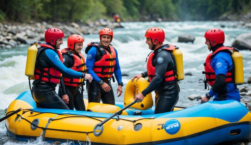 Un groupe de personnes portant des casques, des gilets de sauvetage et des combinaisons de plongée, se tenant près d'un radeau sur une rivière en furie.