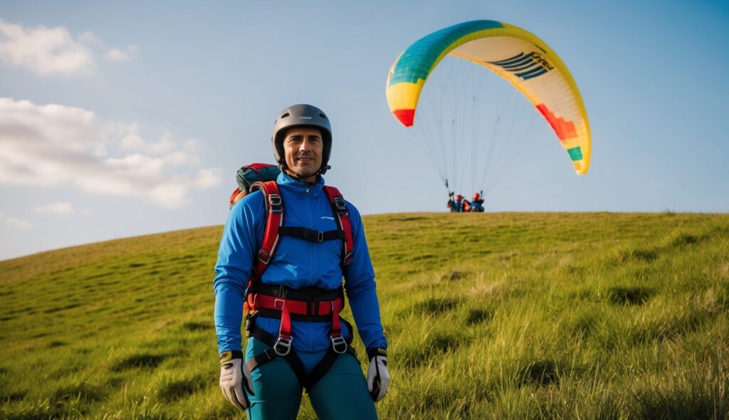 Un parapentiste debout sur une colline herbeuse, portant un équipement spécialisé comprenant un casque, un harnais et des vêtements résistants au vent, avec une aile de parapente colorée déployée derrière lui.