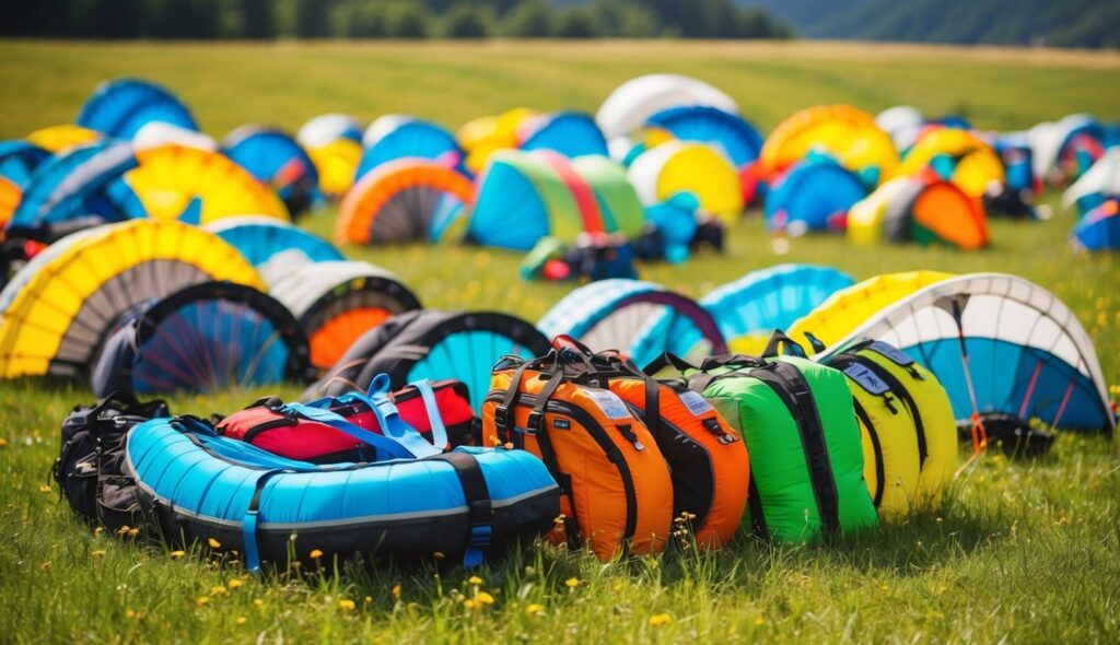 Une gamme colorée d'équipement de parapente d'été éparpillée sur une prairie herbeuse