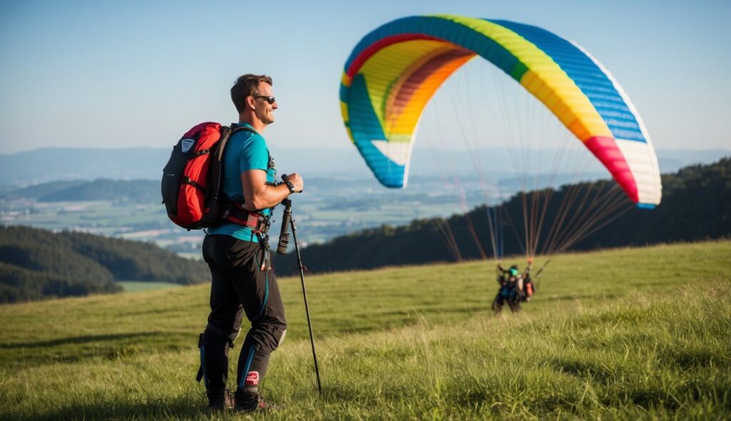 Un parapentiste se tenant sur une colline herbeuse, portant un équipement spécialisé avec une aile de parapente colorée déployée derrière lui.