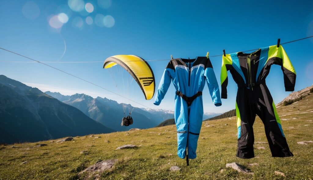 Un costume de parapente suspendu à une corde à linge dans un paysage montagneux sous un ciel bleu clair