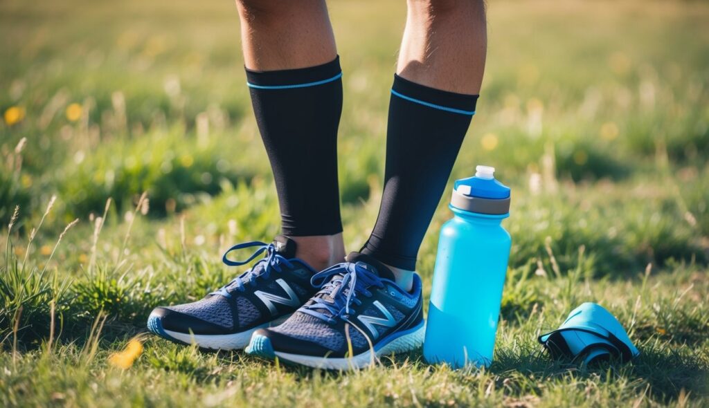 Une paire de chaussettes et de manchons de compression à côté de chaussures de course et d'une bouteille d'eau dans un champ.