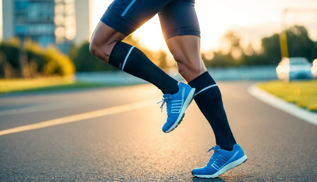 Un coureur portant des chaussettes et des manchons de compression, avec une pression visible sur les membres, favorisant une meilleure circulation sanguine et oxygénation des muscles pendant l'effort.