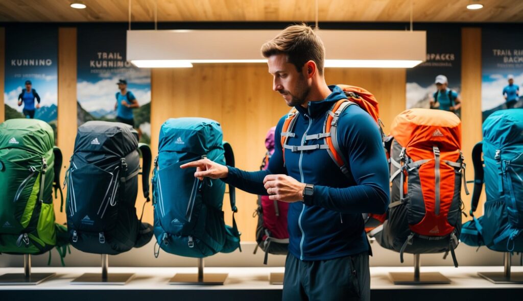 Un coureur de trail se tenant devant un présentoir de différents sacs à dos de trail, examinant les caractéristiques et comparant les options.