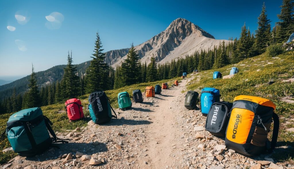 Un sentier montagneux avec divers sacs de randonnée de marques éparpillés sur le sol, entouré d'arbres et d'un ciel bleu clair.