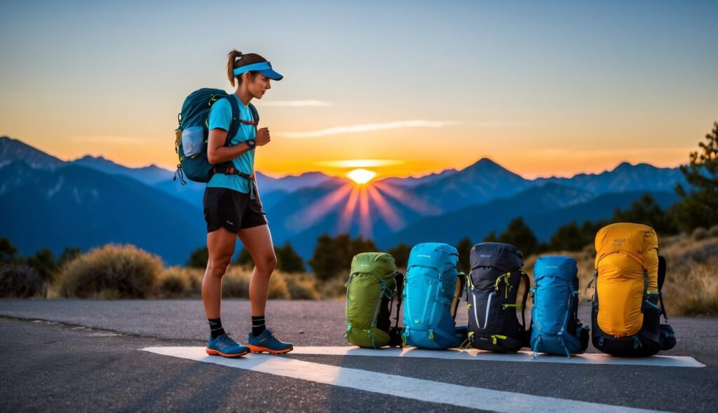 Un coureur de trail se tient à un carrefour, réfléchissant à une sélection de sacs à dos de trail. Le soleil se couche derrière les montagnes, projetant une lueur chaleureuse sur la scène.