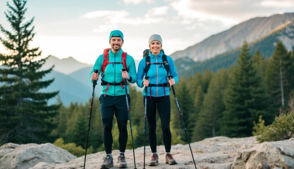 Un couple heureux avec deux bâtons de trail se tient sur un terrain rocailleux, entouré d'arbres et de montagnes en arrière-plan