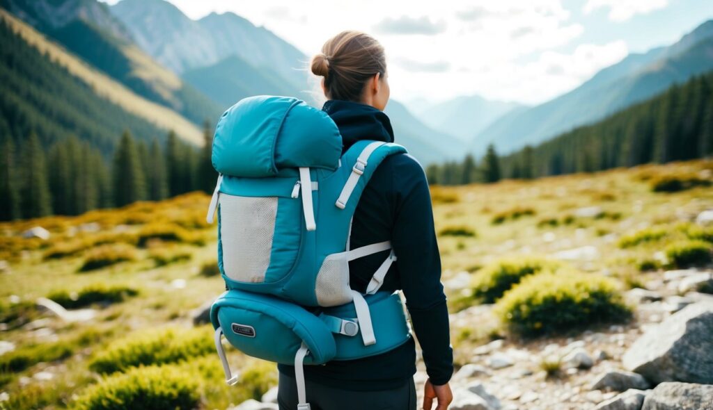 Un randonneur portant un sac à dos avec un porte-bébé attaché, entouré de montagnes et de forêts