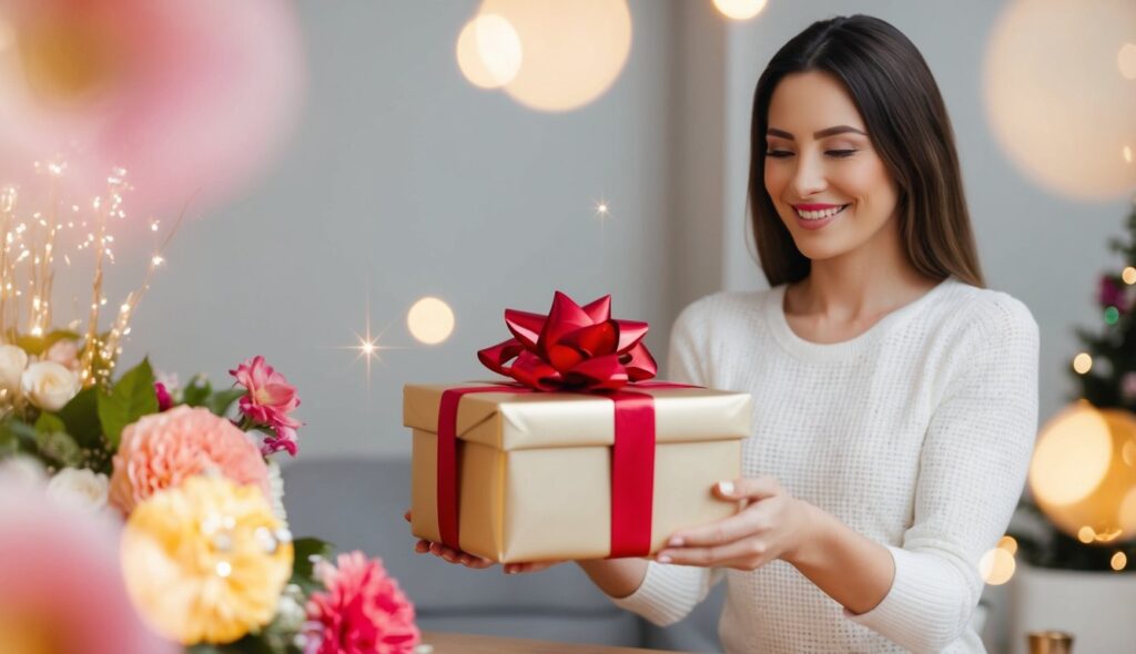 Une femme recevant un cadeau magnifiquement emballé, entourée de fleurs et d'étincelles