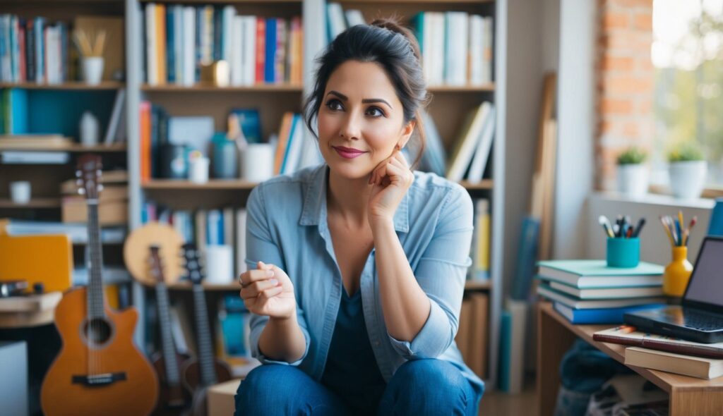 Une femme entourée de livres, de fournitures artistiques et d'instruments de musique, avec une expression pensive sur son visage, capturant sa personnalité et ses passions.