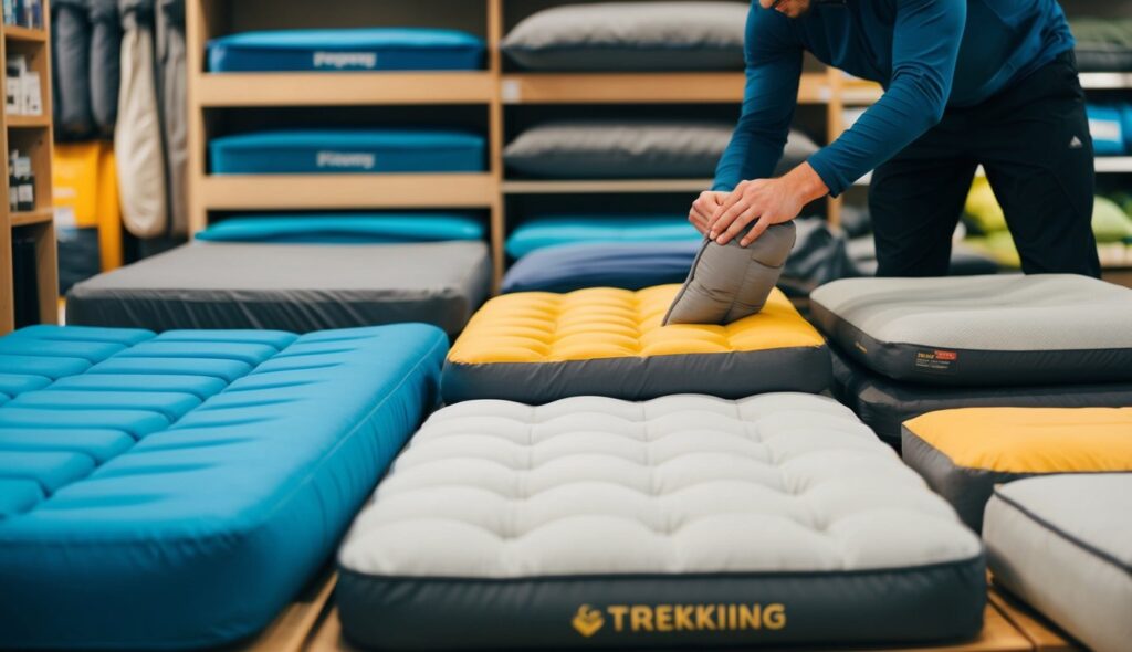 Une personne comparant différents matelas de trekking dans un magasin, examinant la taille, le poids, le matériau et le confort de chaque option.