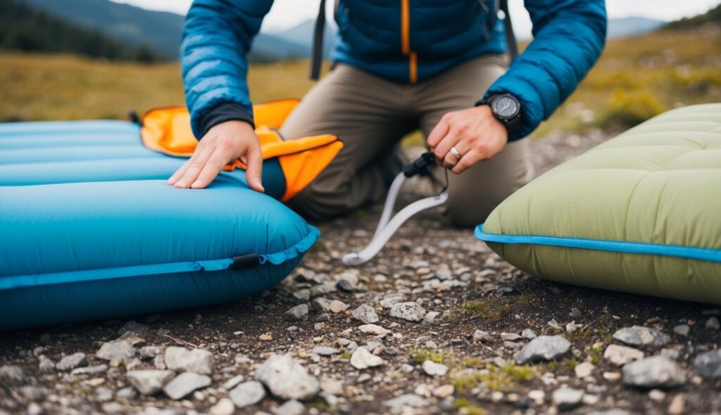 Un randonneur choisissant entre un matelas épais et isolé pour le trekking d'hiver et un matelas léger et respirant pour l'été