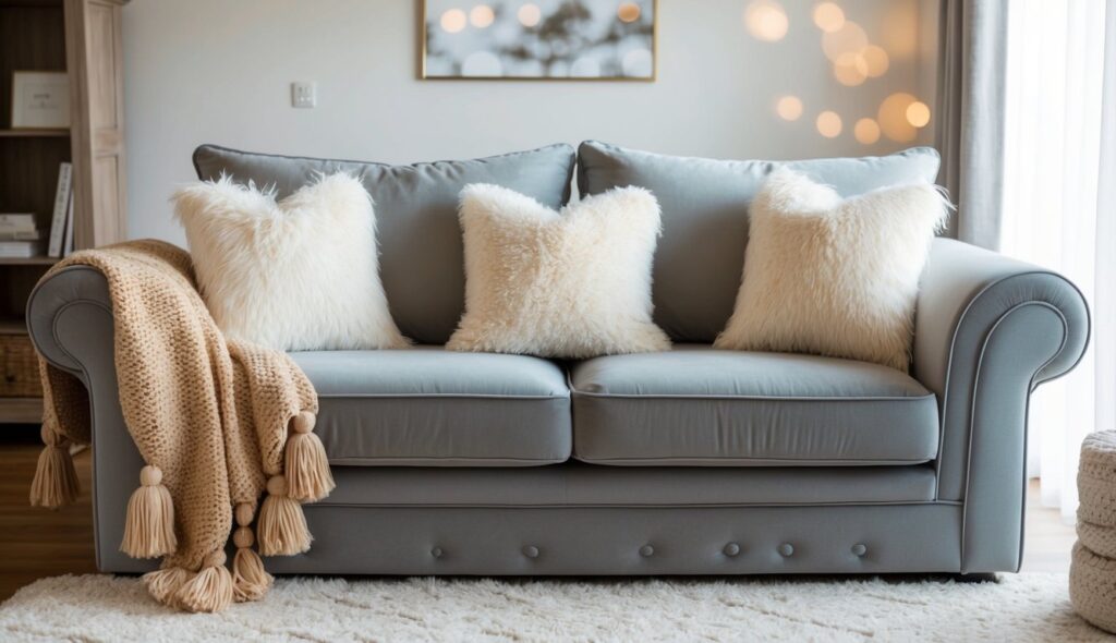 Un salon confortable avec un canapé moelleux recouvert de coussins doux et duveteux et une couverture chaude drapée sur l'accoudoir.