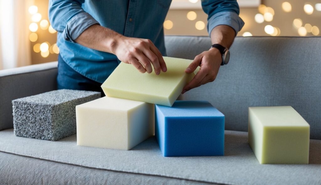 Une personne comparant différents échantillons de mousse pour un canapé, examinant leur densité et leur fermeté.