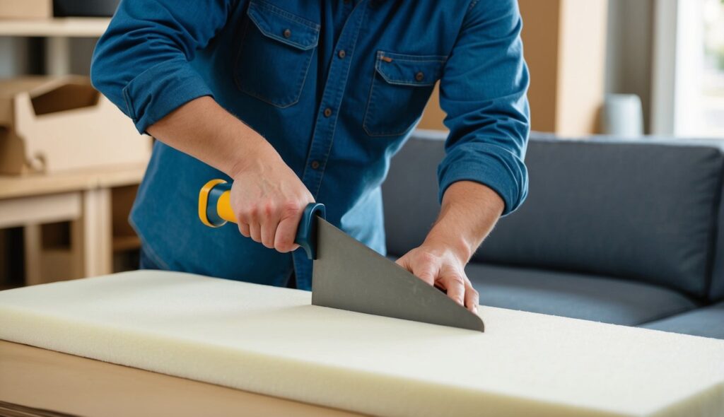 Un artisan découpant de la mousse à la taille pour un canapé, utilisant un grand outil de découpe sur un établi.