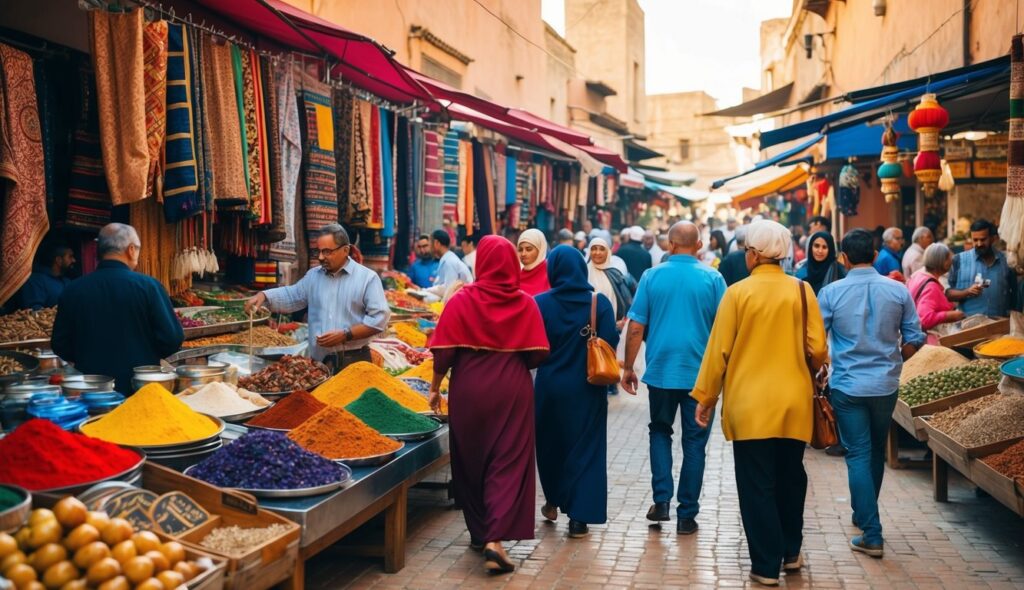 Un marché marocain animé avec des tissus colorés, des épices et des vêtements traditionnels exposés. Des personnes en tenue traditionnelle se mêlent à des touristes en tenue décontractée.