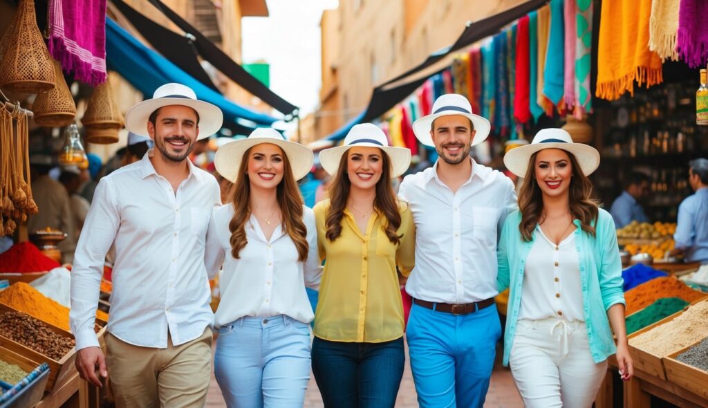 Un groupe de 4 personnes joyeuses portant des vêtements légers et respirants ainsi que des chapeaux, marchant à travers un marché marocain animé avec des textiles colorés et des épices exposées.