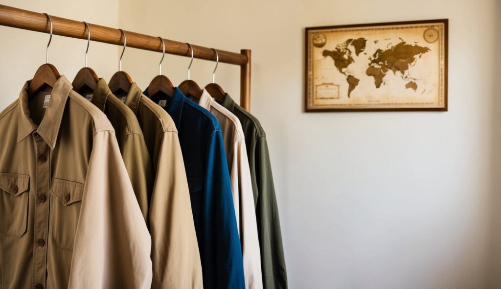 Des vêtements de safari de couleur neutre suspendus à un porte-vêtements en bois dans une pièce baignée de lumière avec une carte vintage au mur