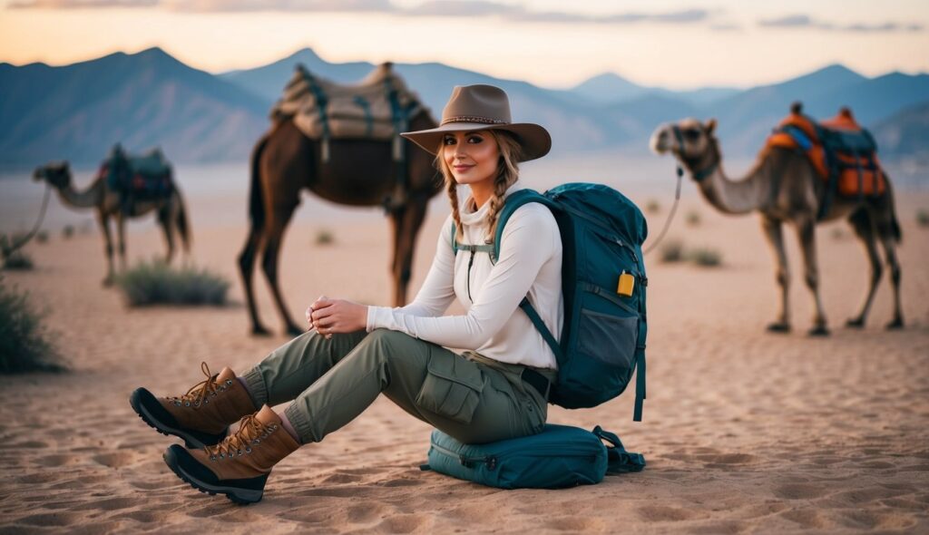 Une tenue de trekking à dos de chameau avec un chapeau à large bord, une chemise légère à manches longues, un pantalon cargo, des chaussures de randonnée et un sac à dos