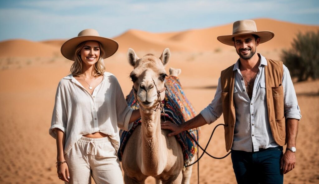 Un couple français en vêtements amples et légers, portant des chapeaux à larges bords, se tenant à côté d'un chameau dans un paysage désertique.