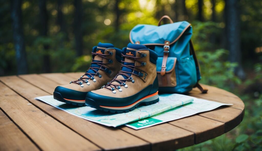 Une paire de chaussures de randonnée, un sac à dos et une carte des sentiers étalés sur une table en bois