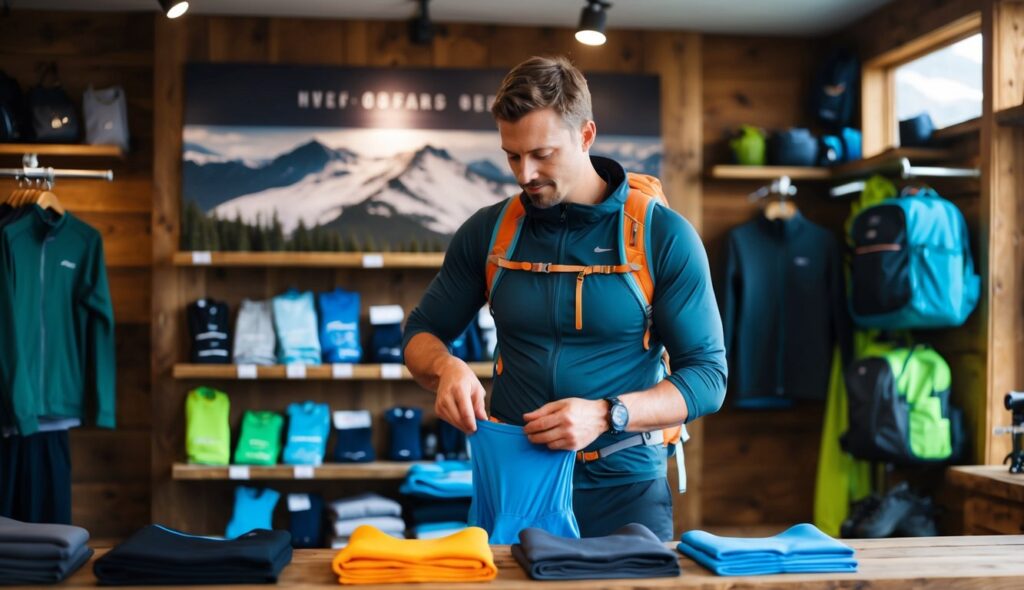 Un randonneur choisit soigneusement des sous-vêtements à évacuation d'humidité dans une boutique de matériel de plein air rustique avant de s'engager sur un sentier de montagne.