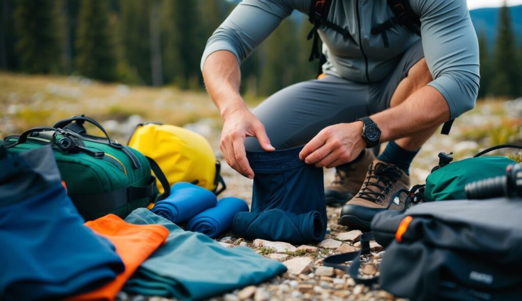 Un randonneur sélectionnant des accessoires essentiels pour une randonnée, y compris des sous-vêtements spécialisés, entouré de matériel de randonnée et d'options de vêtements.