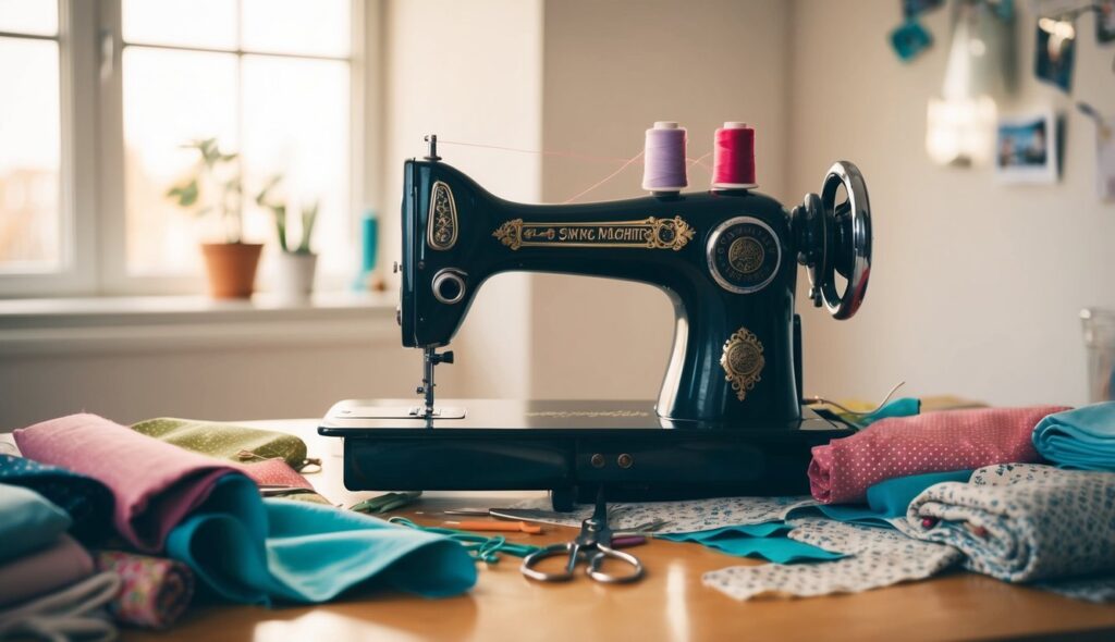 Une machine à coudre entourée de tissu, de fil et de ciseaux sur une table encombrée dans une pièce bien éclairée.