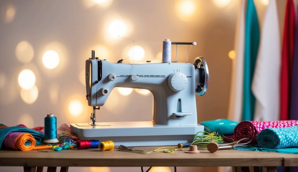 Une machine à coudre entourée de tissus colorés, de fils et de divers outils de couture sur une table en bois dans un studio bien éclairé.