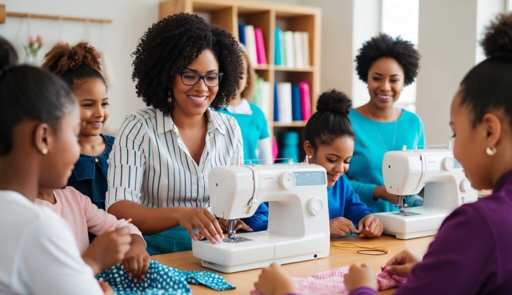 Une couturière enseignant à un groupe d'apprenants enthousiastes, partageant sa passion pour la couture et inspirant la créativité.