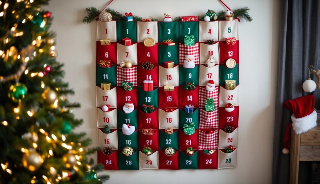 Un calendrier de l'Avent en tissu accroché à un mur, avec 24 poches, chacune contenant un petit cadeau ou une friandise. Décorations festives et ambiance chaleureuse.