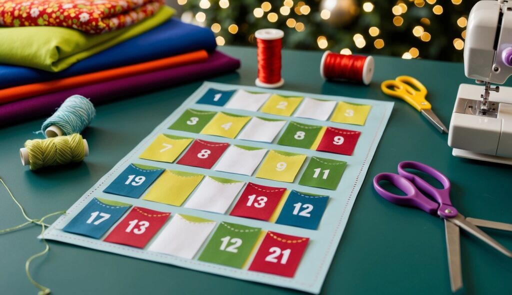 Une table avec un tissu coloré, des ciseaux, du fil et une machine à coudre. Un patron pour un calendrier de l'Avent est disposé avec des poches numérotées.