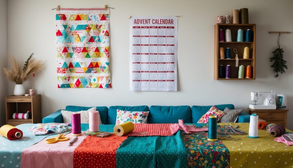 Un salon confortable avec une grande table recouverte de tissu coloré et de fournitures de couture. Un patron pour un calendrier de l'Avent est accroché au mur, entouré de bobines de fil et de ciseaux.