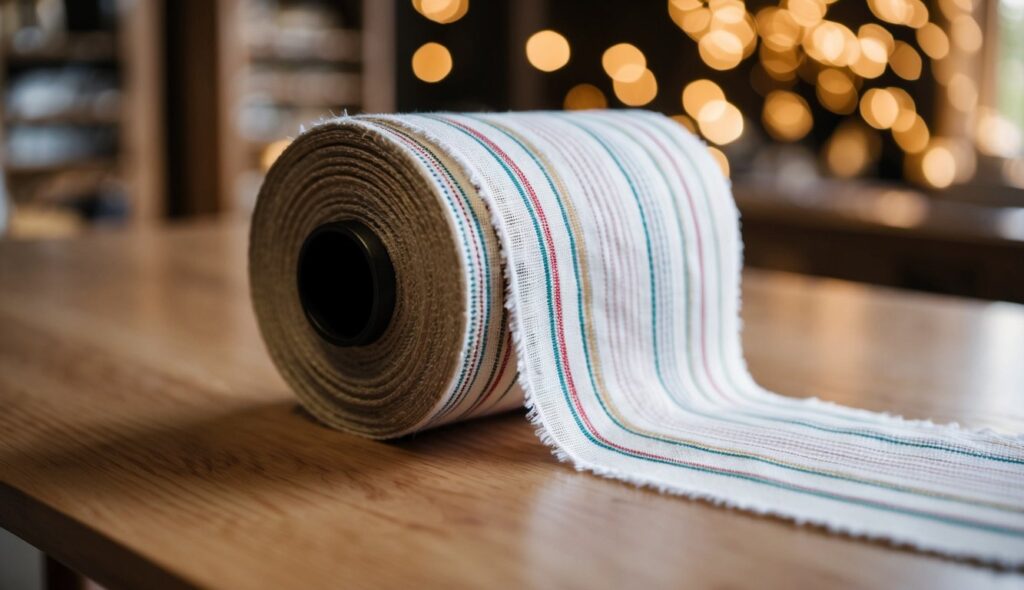 Une bobine de tissu en sergé et en popeline se déroulant sur une table en bois