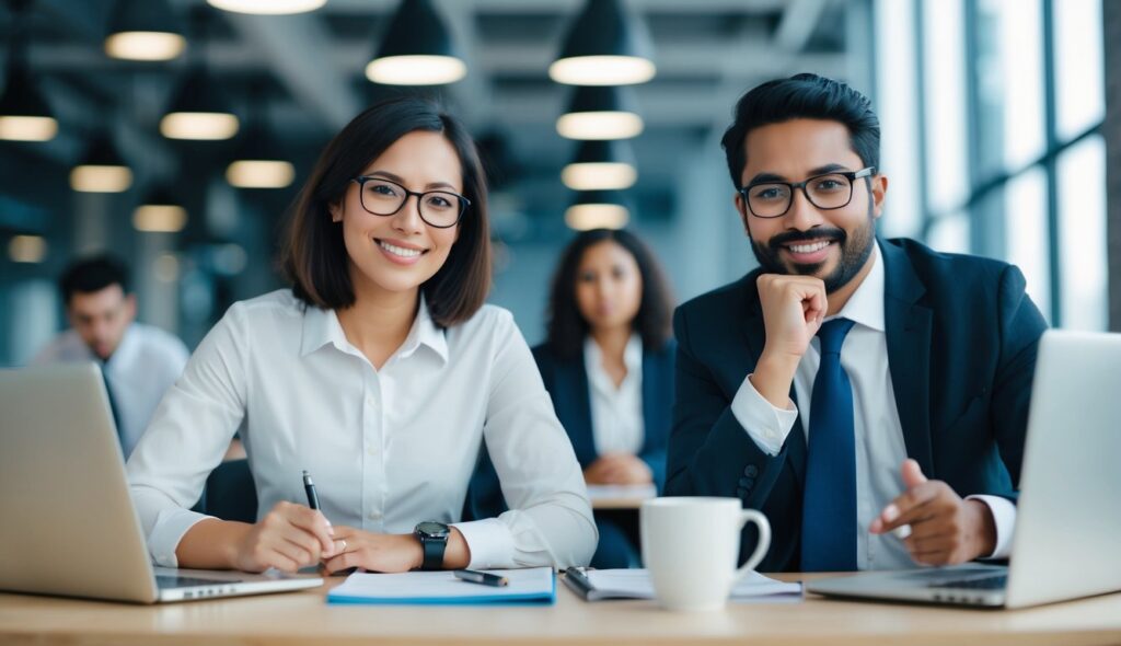 Deux employés de bureau en train de faire un brainstorming actif, de résoudre des problèmes et de réfléchir de manière créative, tout en regardant directement la caméra.