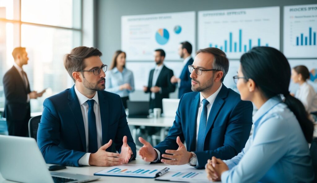 Deux responsables discutant des effets cognitifs dans un bureau animé, avec des graphiques et des tableaux sur les murs et des employés interagissant en arrière-plan.