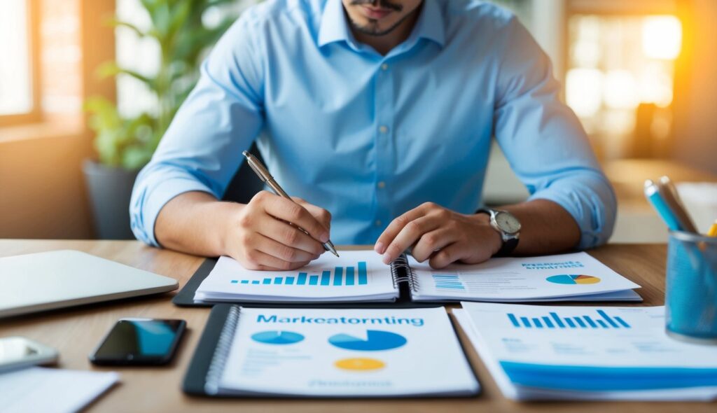 Une personne en train de faire un brainstorming avec un stylo et du papier, entourée de matériel marketing et de notes de recherche.