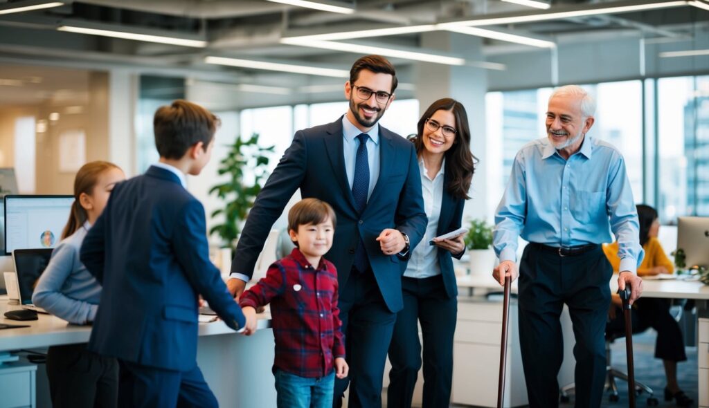 Un bureau animé, avec un professionnel en costume, un parent avec des enfants, et un senior avec une canne.