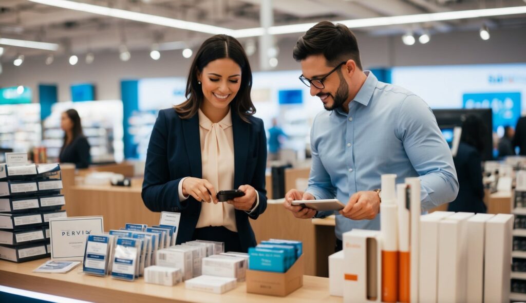 Deux personnes interagissant avec divers produits et services dans un environnement de vente au détail.