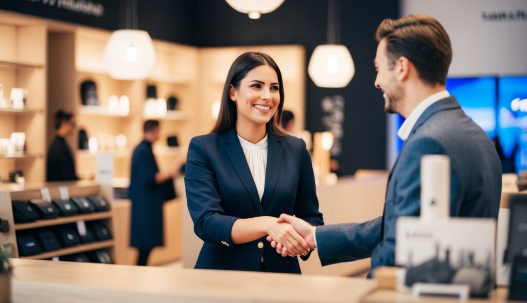 Un employé souriant accueille chaleureusement un client dans un magasin magnifiquement conçu et accueillant en Europe.