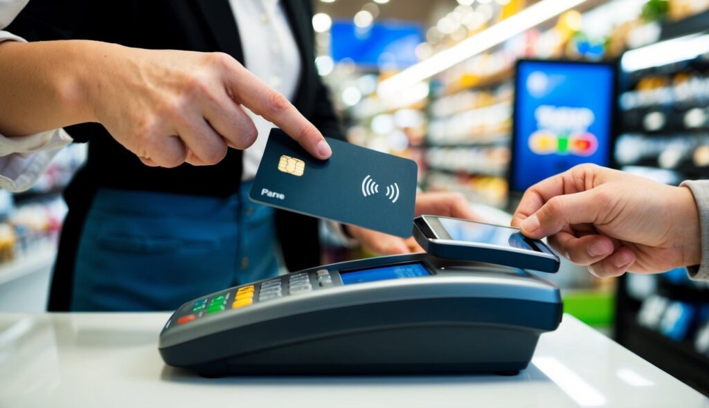 Un client en train de tapoter sa carte sans contact sur un terminal de paiement à la caisse d'un magasin à Paris.