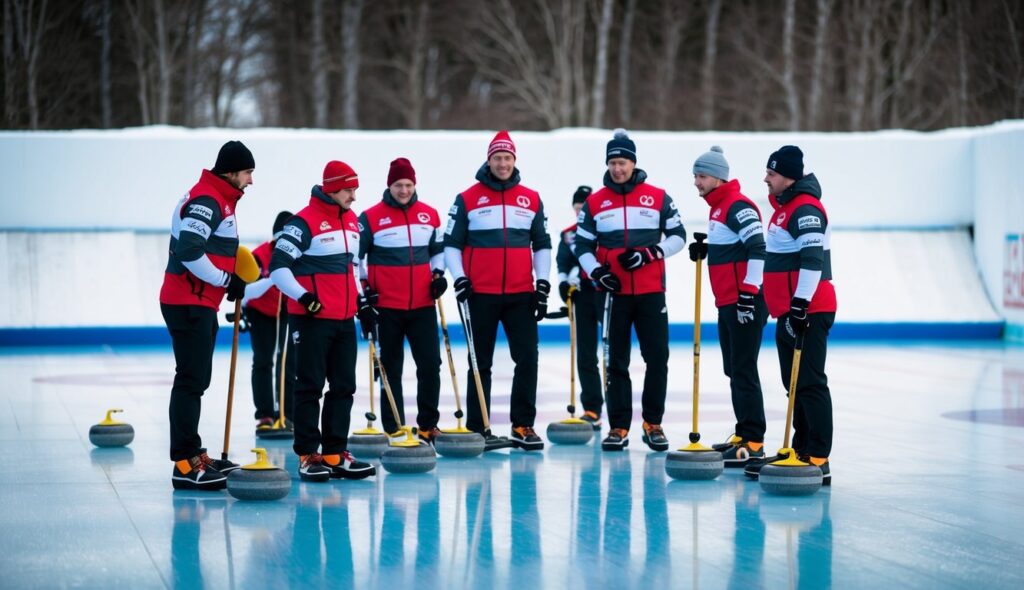 Un groupe de joueurs de curling en vêtements chauds et superposés, portant des chaussures à semelles en caoutchouc, rassemblé sur une surface glacée et lisse avec des balais et des pierres à la main.