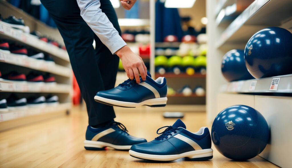 Une personne choisissant des chaussures et des vêtements de curling dans un magasin d'équipement sportif