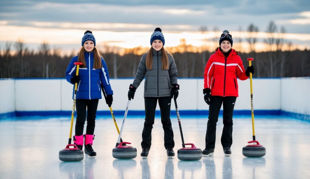 Trois filles en vêtements d'hiver se tiennent sur la glace avec des balais et des pierres, prêtes à jouer au curling.