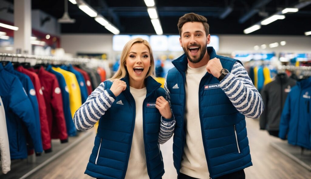 Un couple essaie avec enthousiasme des vestes de curling dans un magasin de sport.