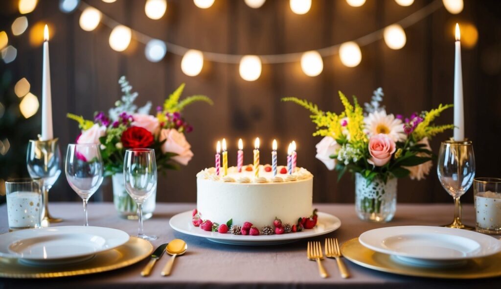 Une table festive avec un gâteau d'anniversaire, des fleurs et des décorations élégantes